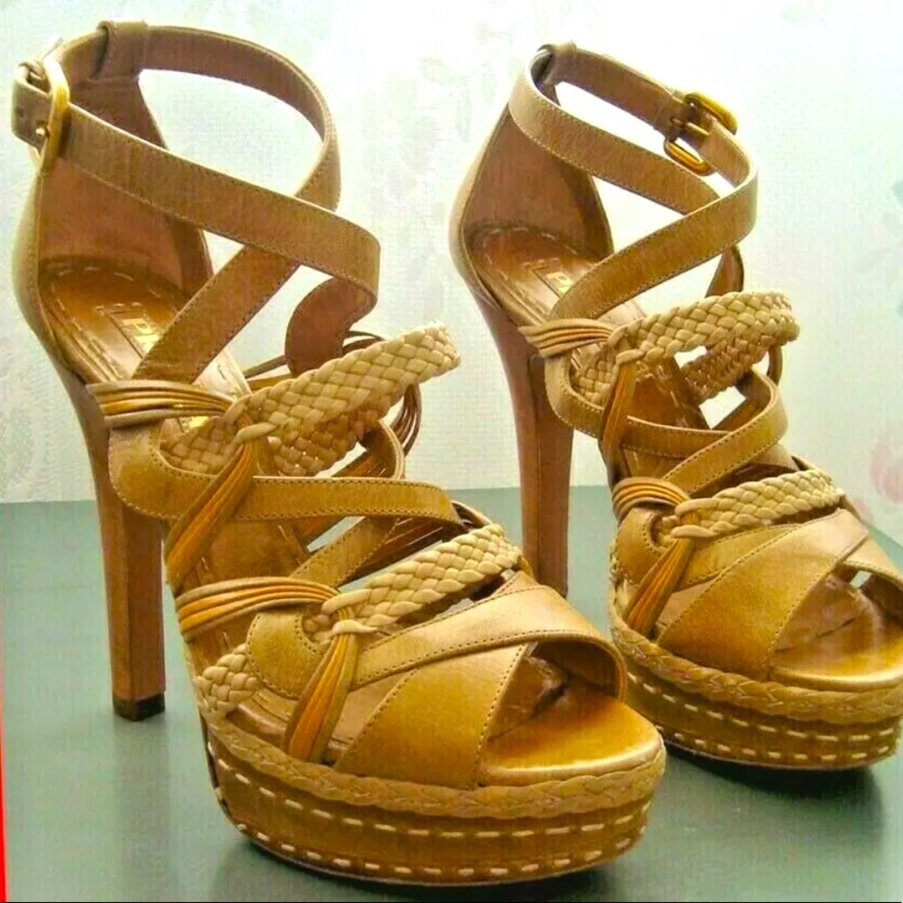 Prada Vitello Sughero Multi Strap Platform Sandal - Tan/Beige/sughero